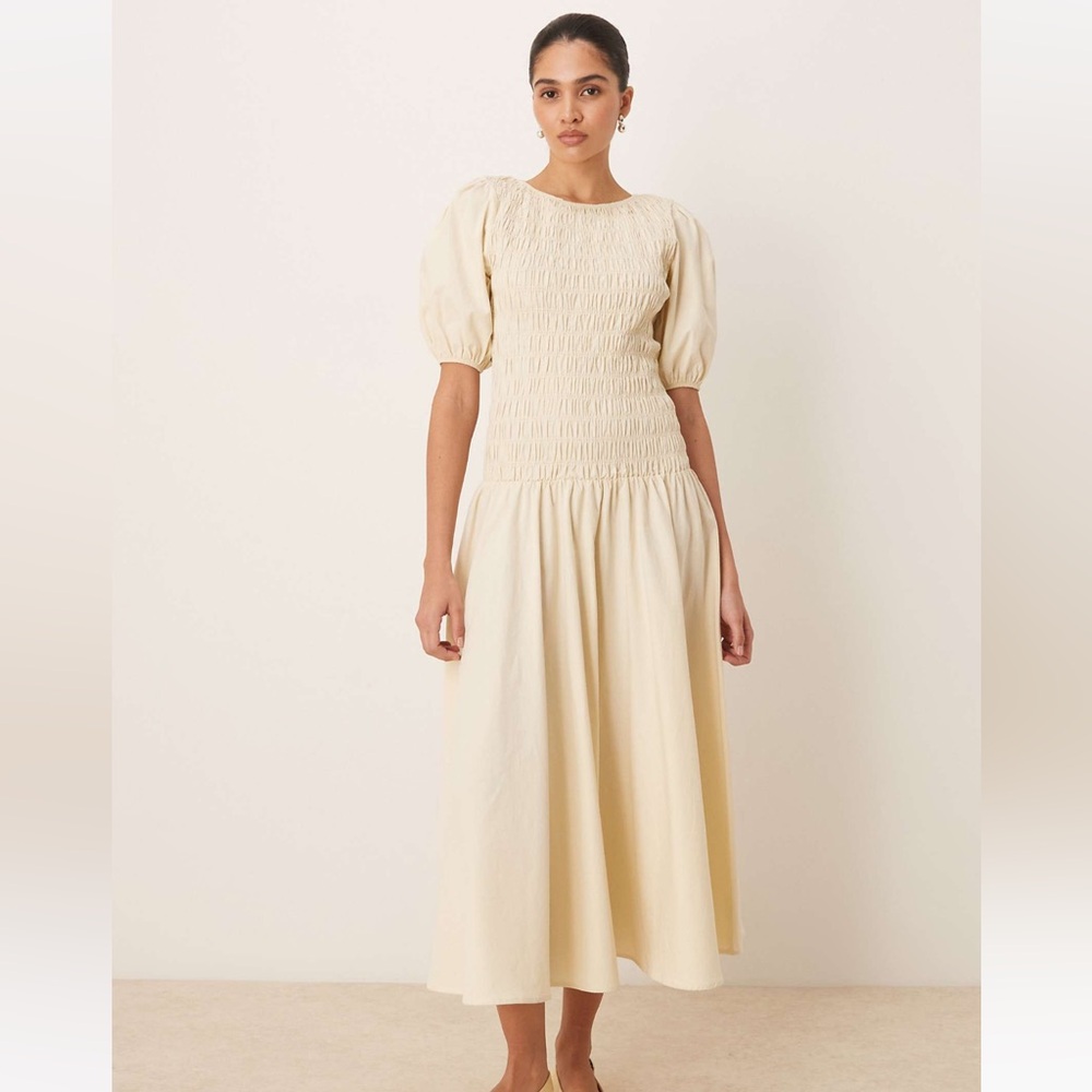 ASOS Design Shirred Drop Waist Maxi Dress in Ecru